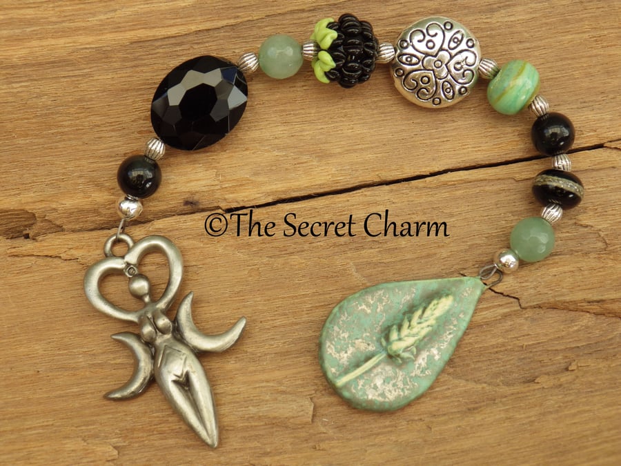 Triple Moon Goddess Pagan Prayer Beads,  Aventurine & Obsidian Gemstone Rosary