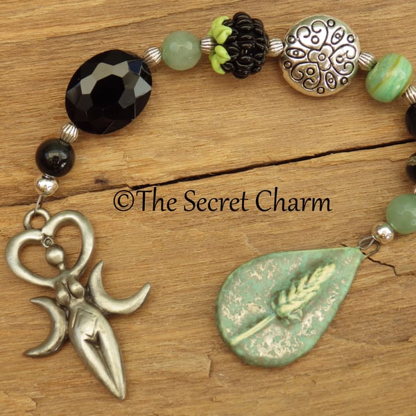 Triple Moon Goddess Pagan Prayer Beads,  Aventurine & Obsidian Gemstone Rosary