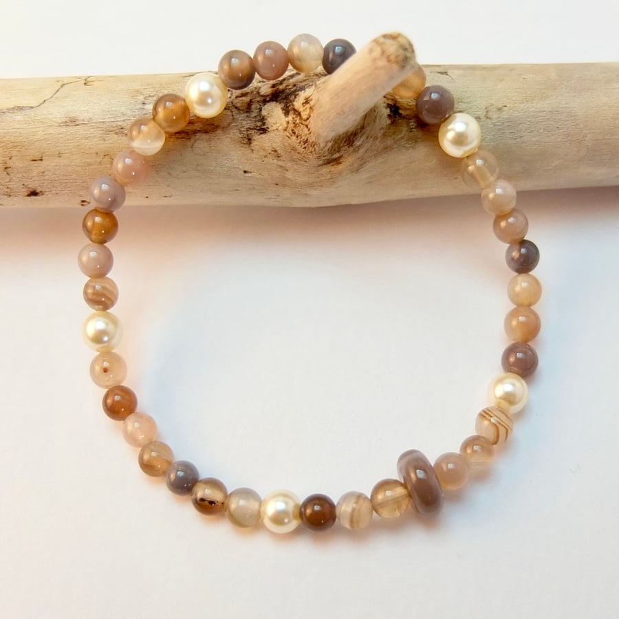 Striped Agate And Swarovski Pearl Bracelet - Handmade in Devon.