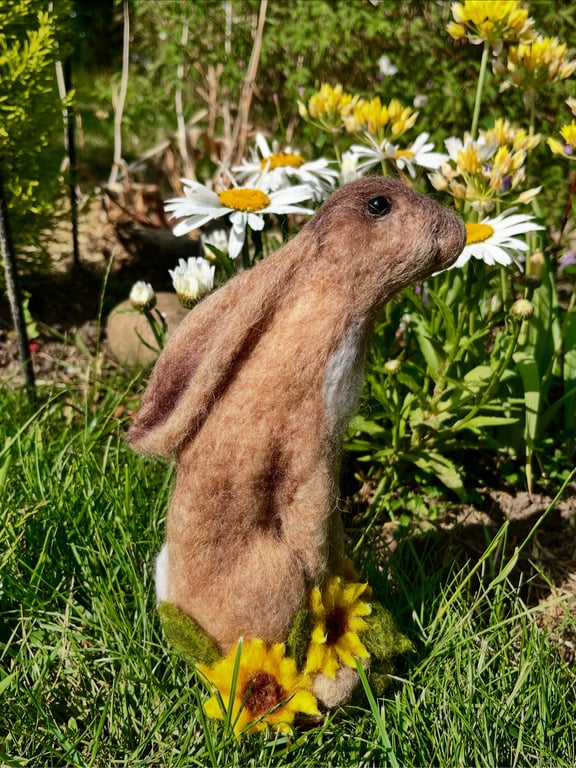 Needle felted hare with sunflowers indoor decoration 