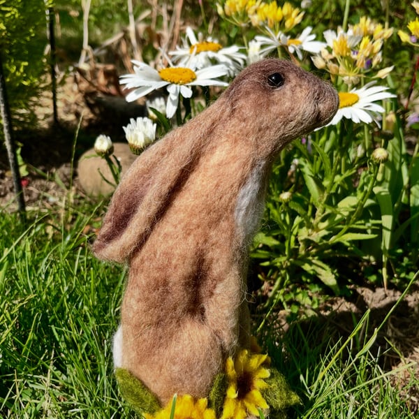 Needle felted hare with sunflowers indoor decoration 