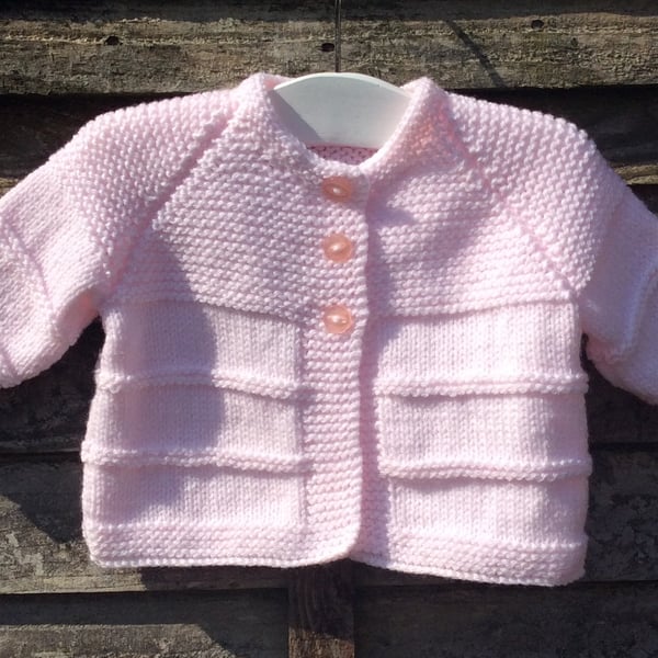 Baby cardigan matinee coat pink hand knit 0-3 months 