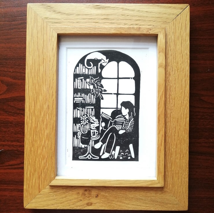 Handprinted Linocut - Reading Nook - A6 - Folksy