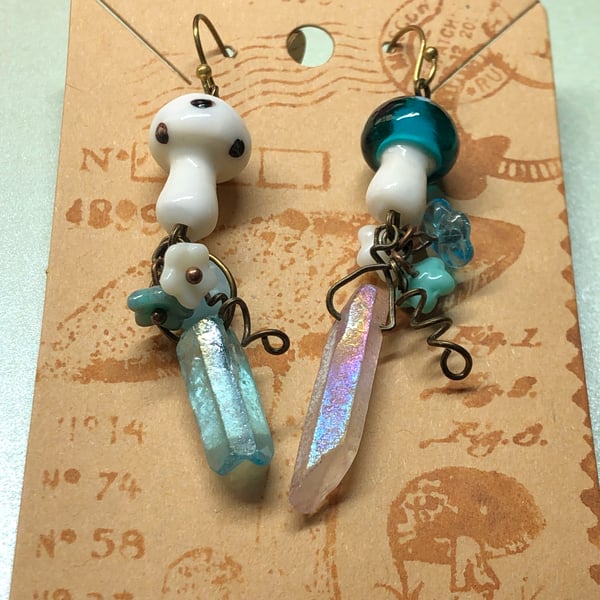 Teal white mushroom crystal earrings