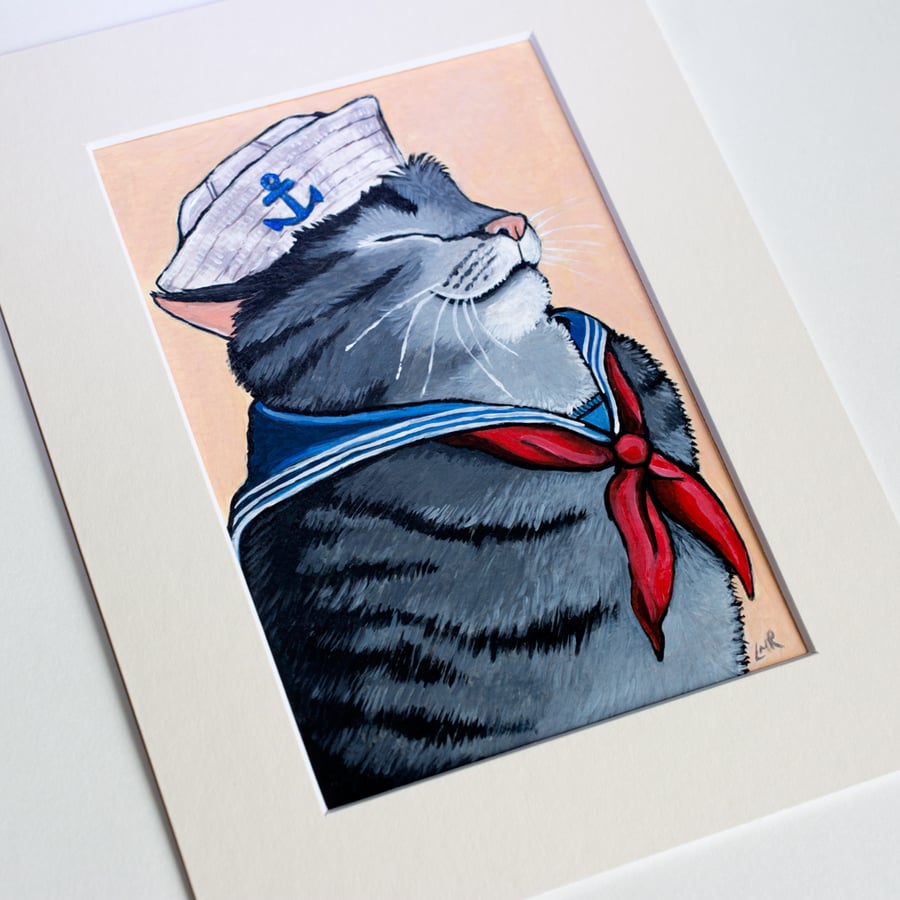 Sailor Cat - Original Painting of a Nautical Grey Tabby Cat
