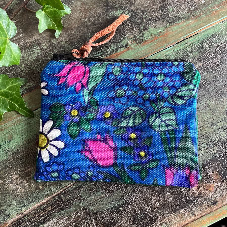 Vintage Flower Waltz linen coin purse bright retro floral