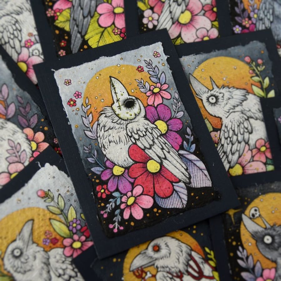 white raven in spring blossom - original aceo illustration