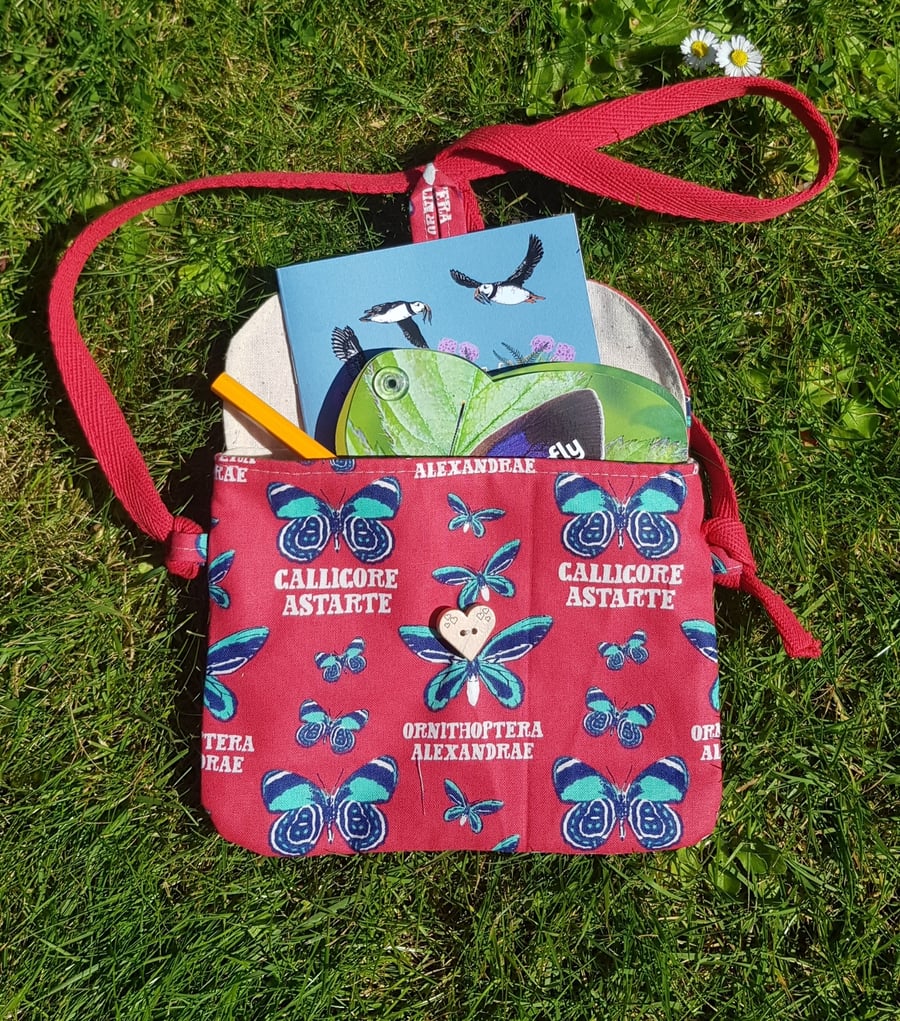 Gift for child: crossbody bag with butterfly ID swatch, notebook & pencil