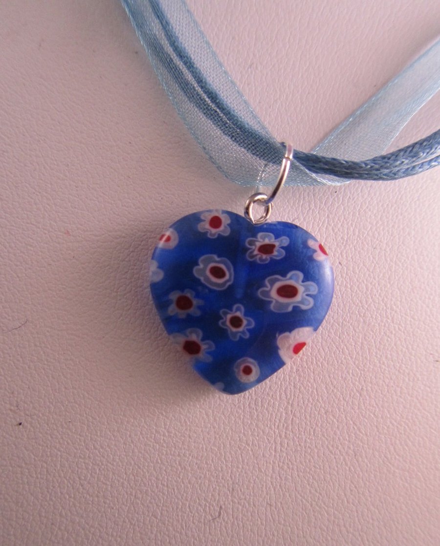 Blue Glass Heart Ribbon Short Necklace