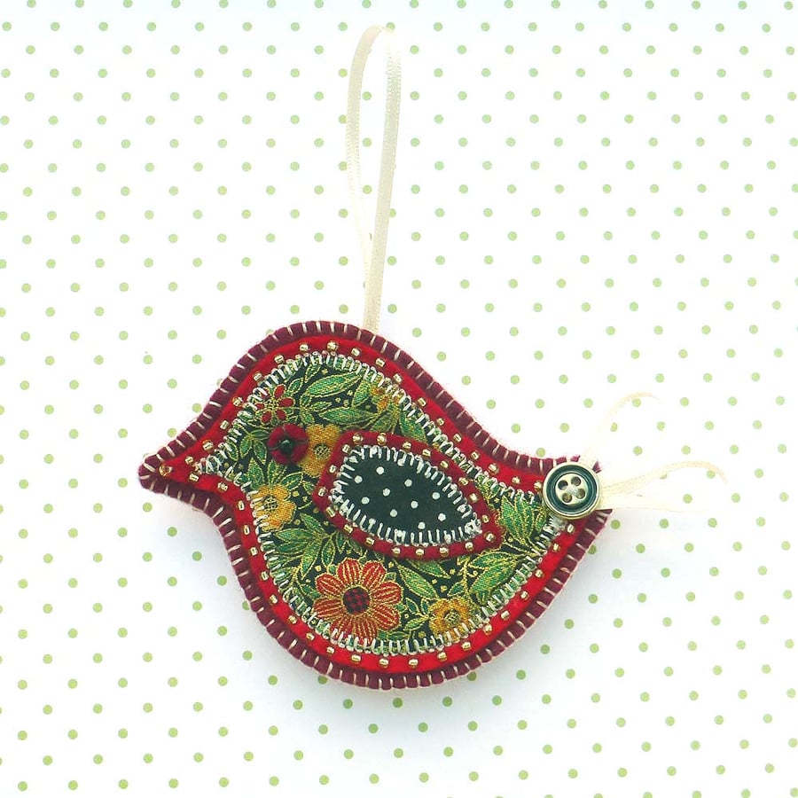 Christmas Bird Decoration, applique felt bird hanging decoration