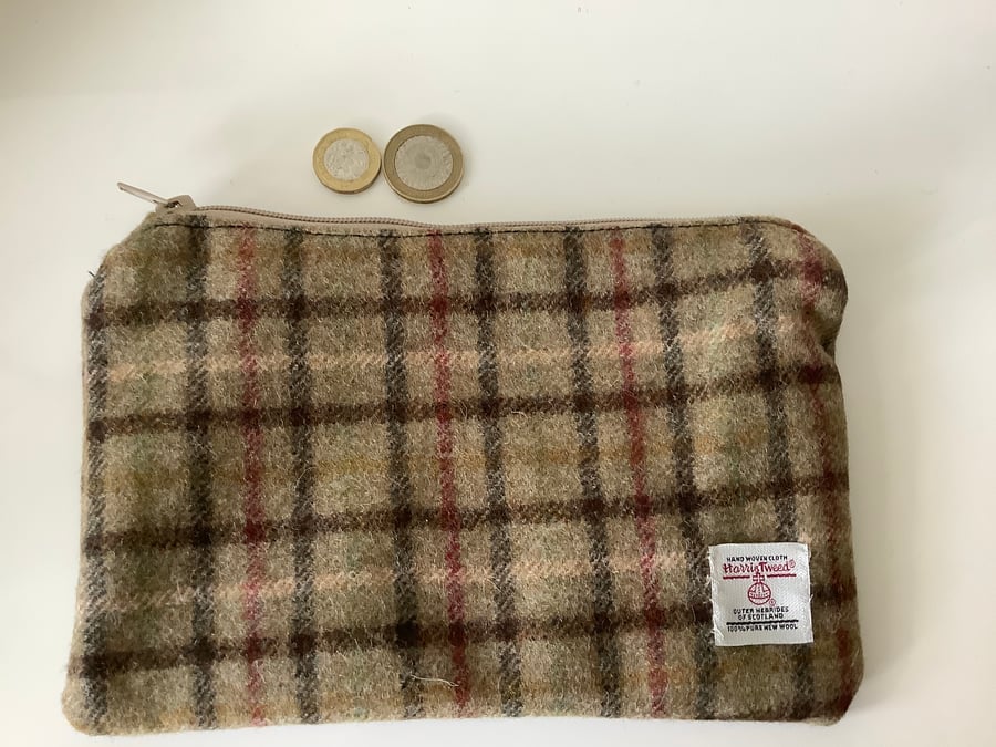 Tan with Black and Red check Harris Tweed Bag  ,Zip pouch