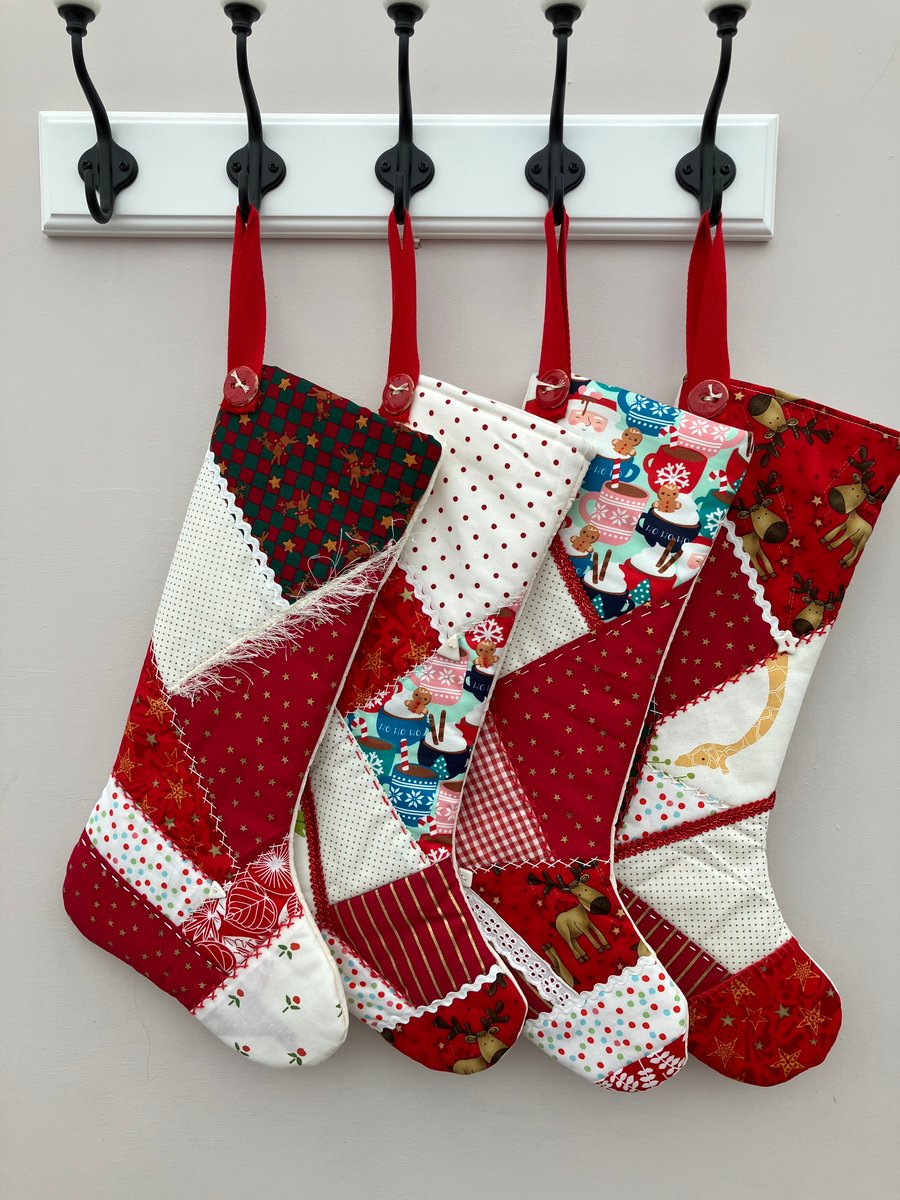 Patchwork Christmas stocking hand embroidered embellished with ceramic buttons