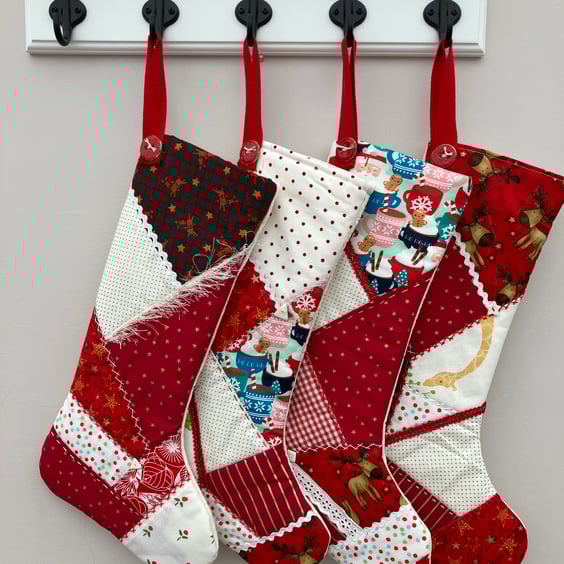 Patchwork Christmas stocking hand embroidered embellished with ceramic buttons