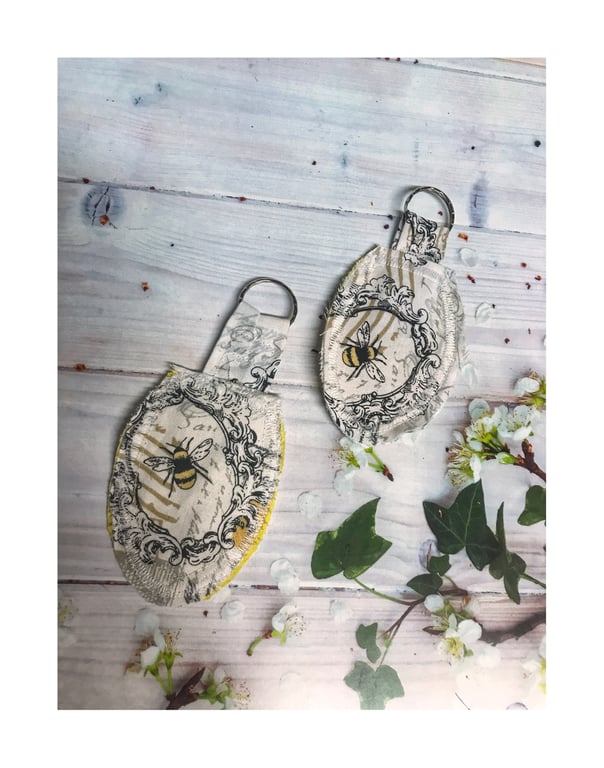 Set of 2 Bees Fabric Keyrings, Luggage Tag Keyfob Perfectly Imperfect