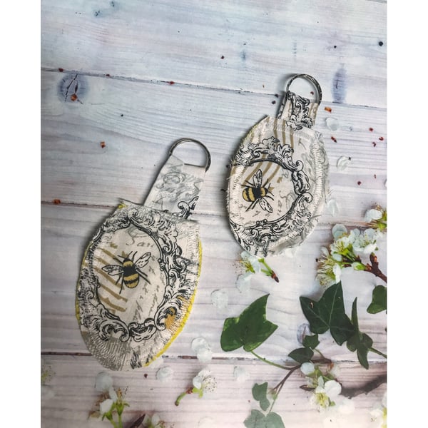 Set of 2 Bees Fabric Keyrings, Luggage Tag Keyfob Perfectly Imperfect