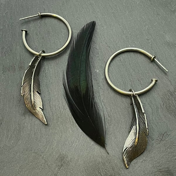 Handmade, Recycled Sterling Silver Oxidised Earrings-Hanging Feather Hoops