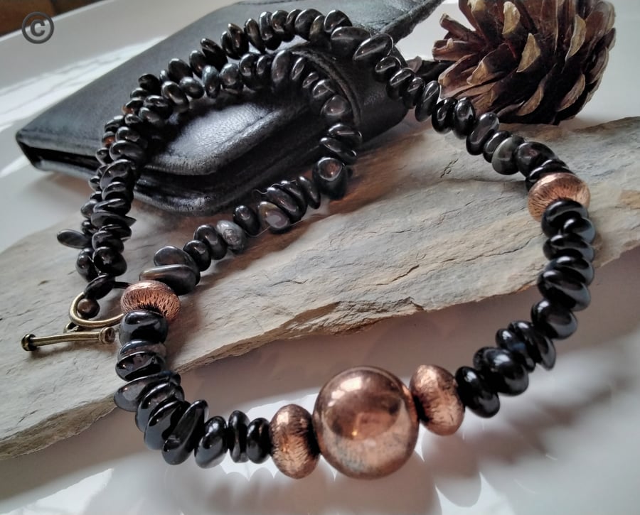 191.20ct Hawks Eye & Copper Beaded Necklace 