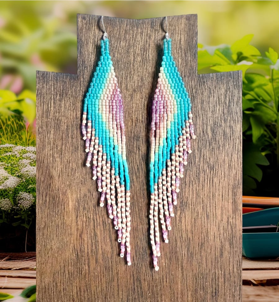 Pink and aqua blue beadwork feather fringe earrings 