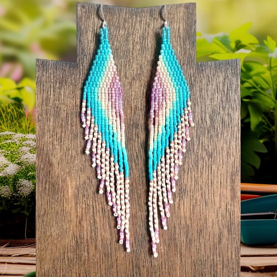 Pink and aqua blue beadwork feather fringe earrings 