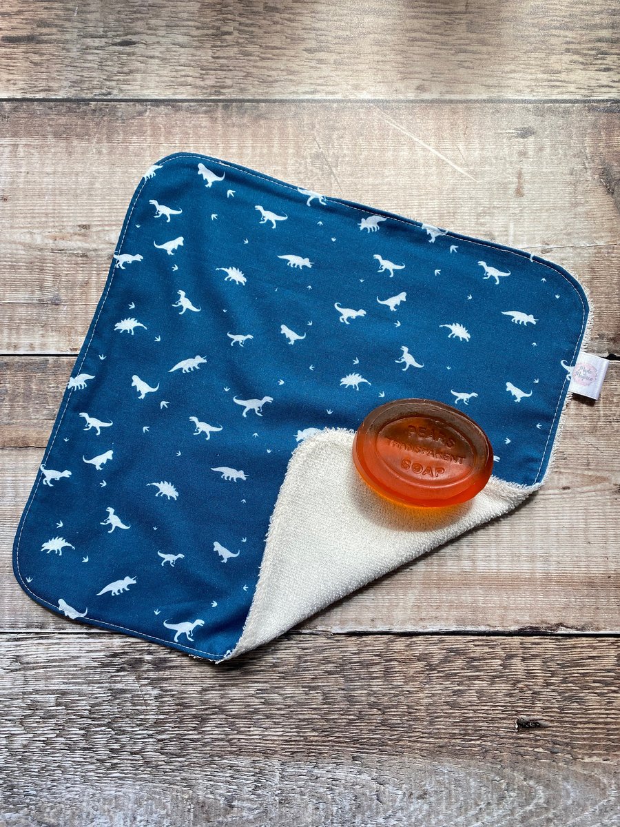 Organic Bamboo Cotton Wash Face Wipe Cloth Flannel Navy White Dinosaur