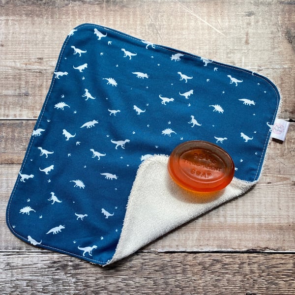 Organic Bamboo Cotton Wash Face Wipe Cloth Flannel Navy White Dinosaur