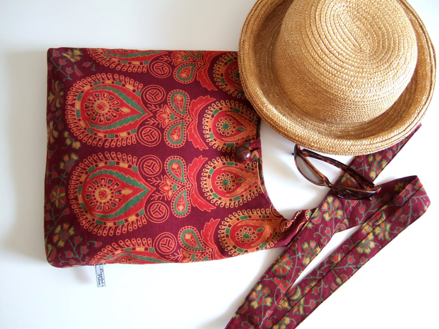 Across your body slouch bag.Vintage Indian hand printed fabric.