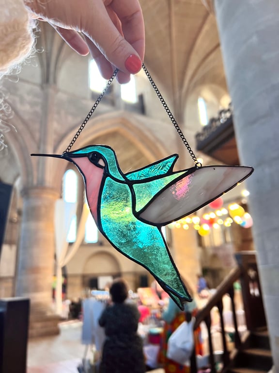 Stained Glass hummingbird in teal and pink - leaded glass bird 