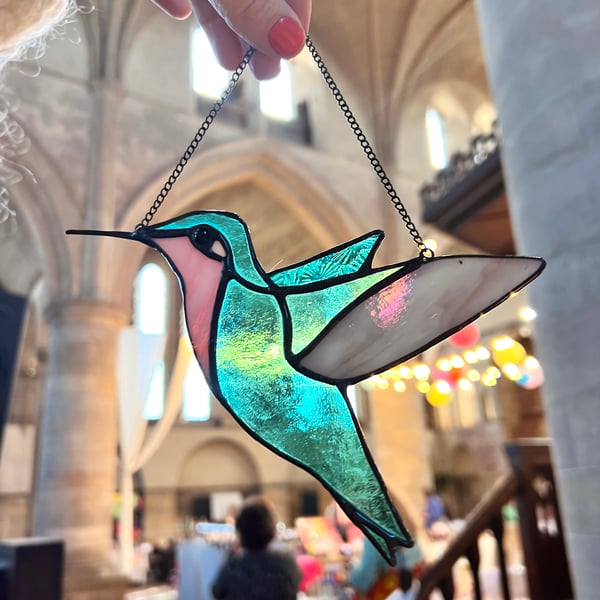 Stained Glass hummingbird in teal and pink - leaded glass bird 