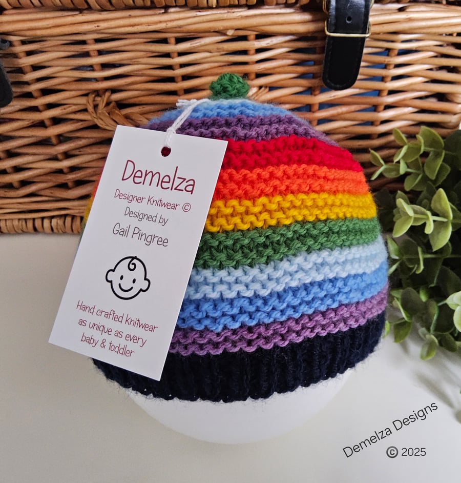 Designer Hand Knitted Baby Rainbow Beanie Hat 0-6 Months size