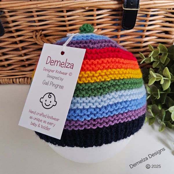 Designer Hand Knitted Baby Rainbow Beanie Hat 0-6 Months size
