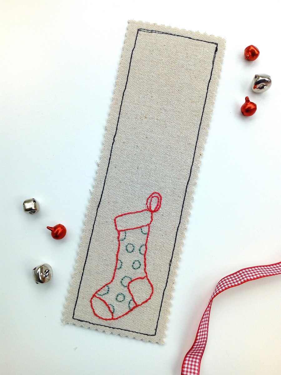Christmas Stocking Bookmark - Hand Embroidered, Fabric Bookmark