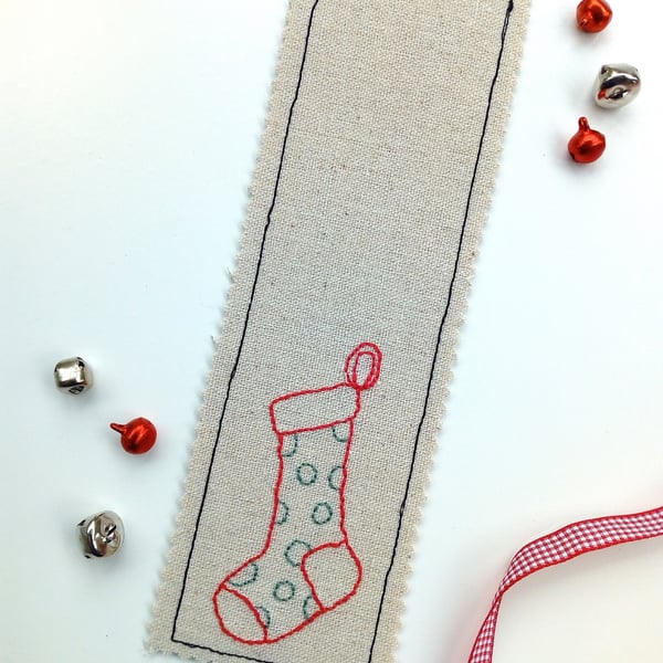 Christmas Stocking Bookmark - Hand Embroidered, Fabric Bookmark