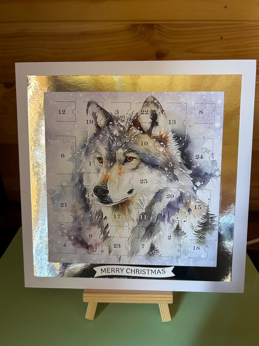 A Wolf at Christmas Advent Calendar Card Handmade 7 inch square card Merry Chris