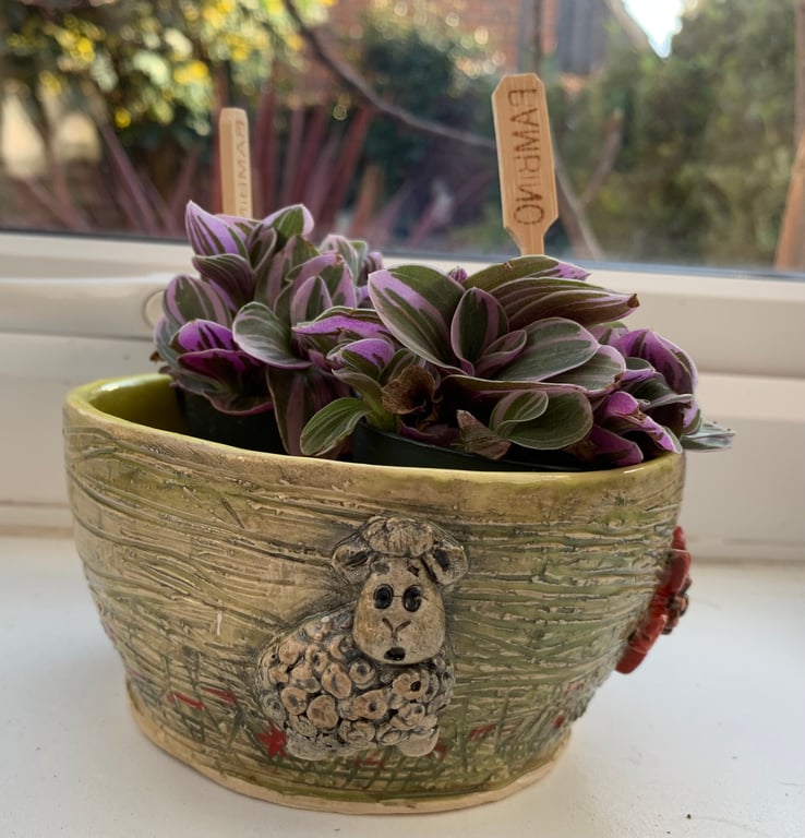 Plant pot decorated with sheep