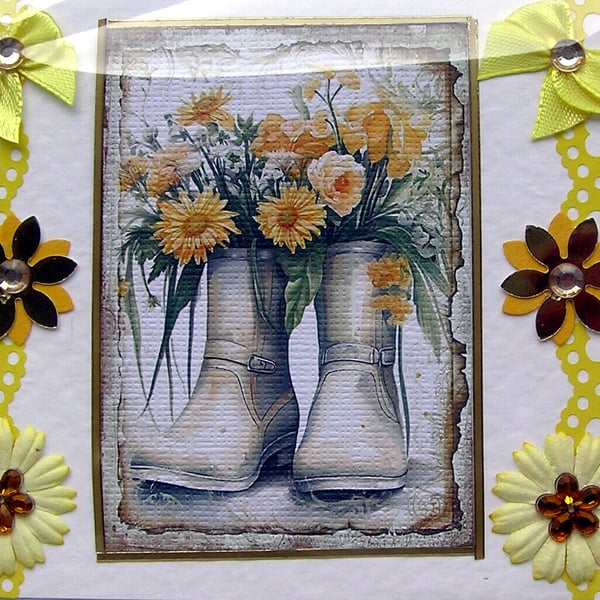 Yellow Flower Bloom - Hand Crafted Decoupage Greeting Card - Blank - 2660
