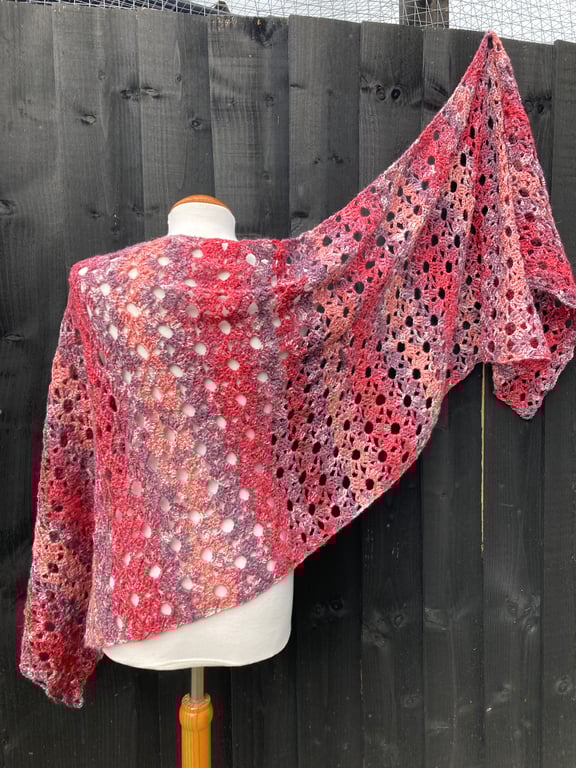 Frothy Waves Red Berries Chevron Lace Rectangular Handmade Shawl Wrap Scarf