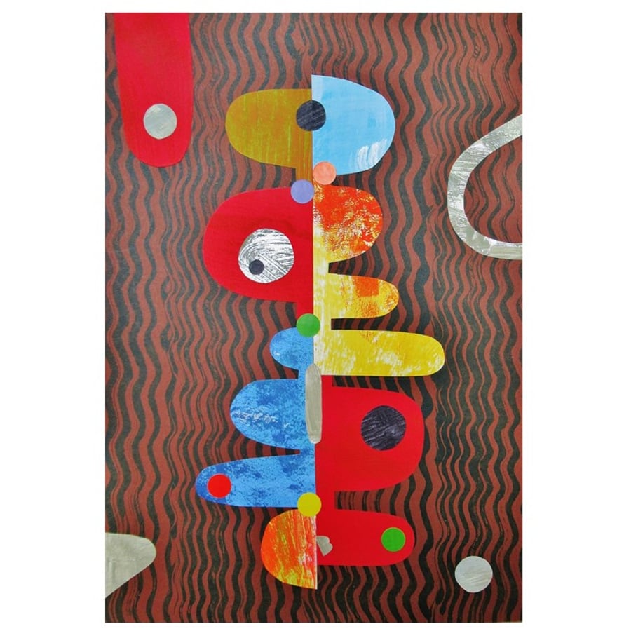 Colourful Abstract Scandi Pop Art Style Painting Geometric Mid Century Collage
