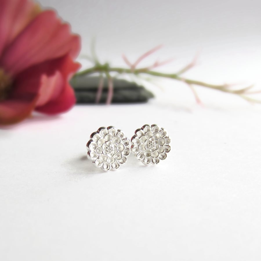 Fine Silver Dahlia Flower Stud Earrings