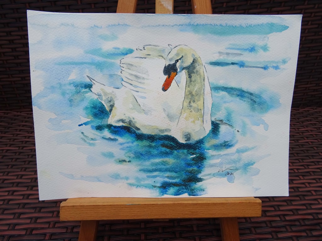 Swan Look Art Watercolour & Ink Original Animal Painting Bird