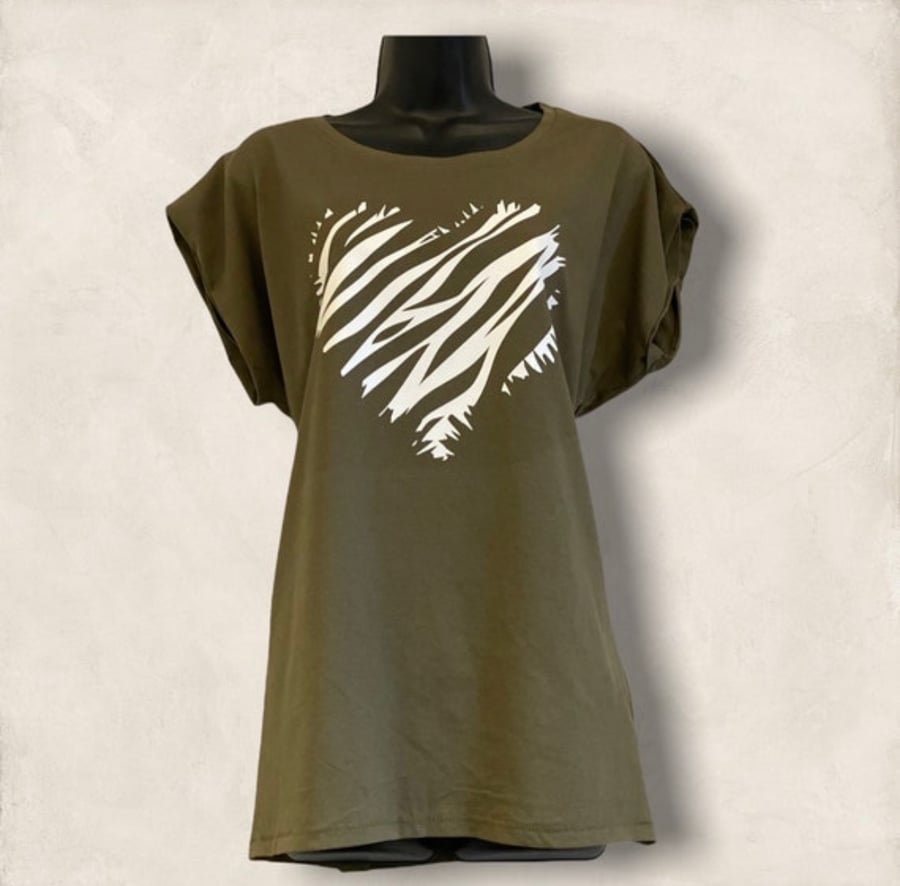 Womens T-shirt, Zebra print heart T-shirt, Animal print shirt 