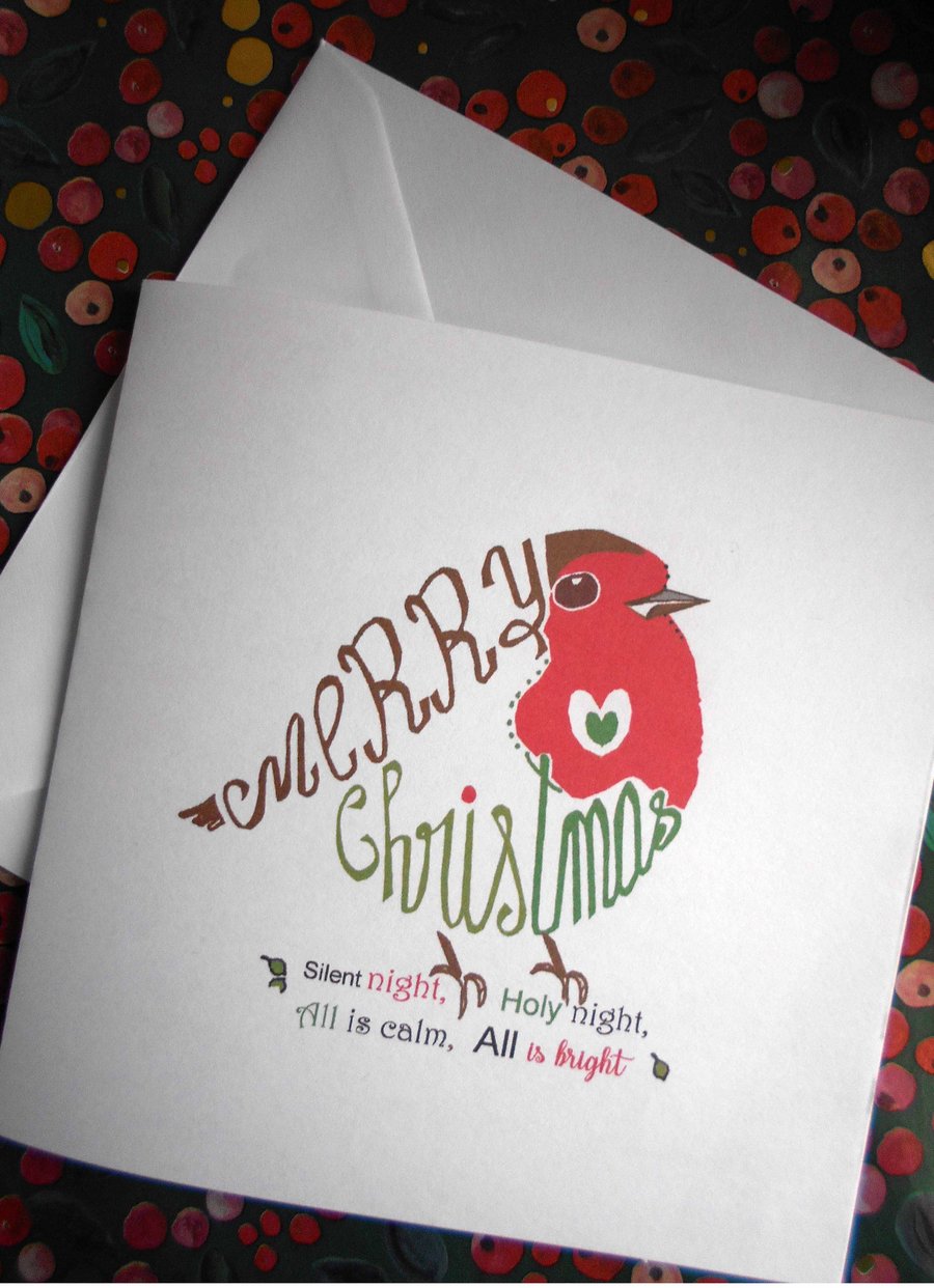 Handdrawn Robin Word Art Christmas Card, Pack of 4 Cards