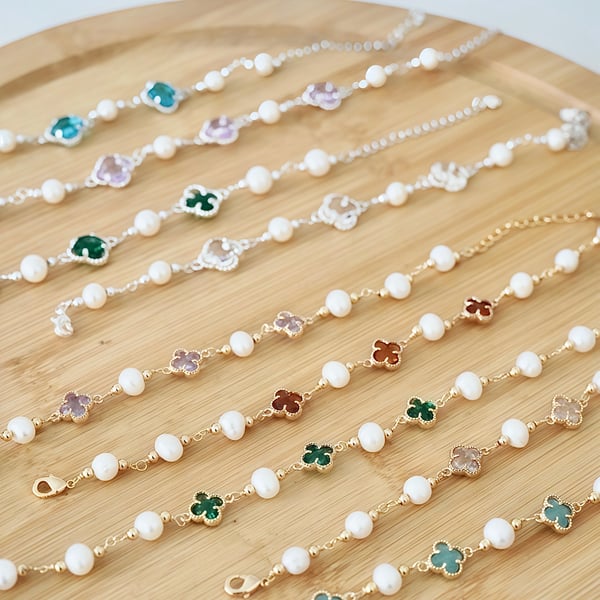 Four leaf Clover and Pearl Gold Bracelet