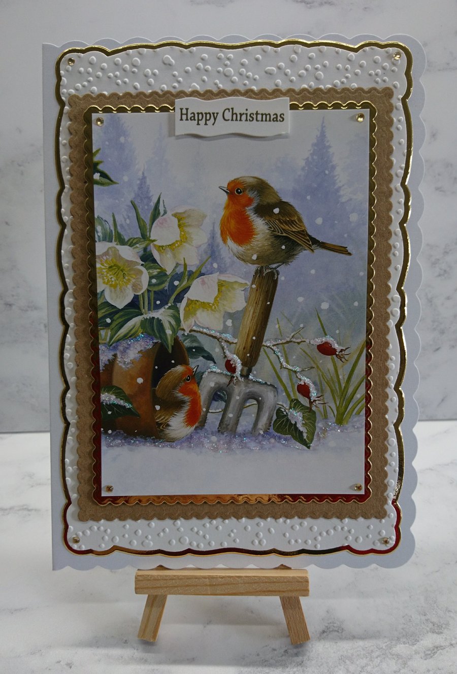 3D Luxury Handmade Christmas Card Happy Christmas Robins Garden Hellebores Snow