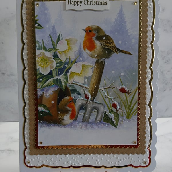 3D Luxury Handmade Christmas Card Happy Christmas Robins Garden Hellebores Snow