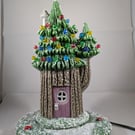 Ceramic Xmas Christmas Snowy Conifer Tree Cottage House Table Lamp Decoration.  
