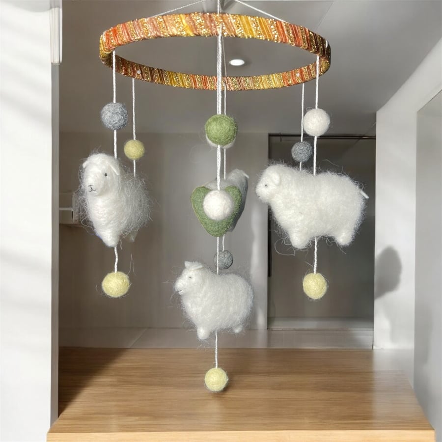 Nursery mobile, Felted sheep, nursery decor, new baby gift, baby shower