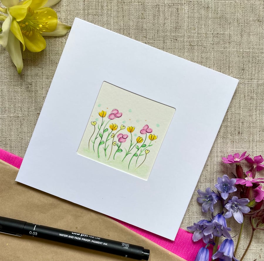 Card, hand painted greeting card watercolour & ink whimsical flower art.