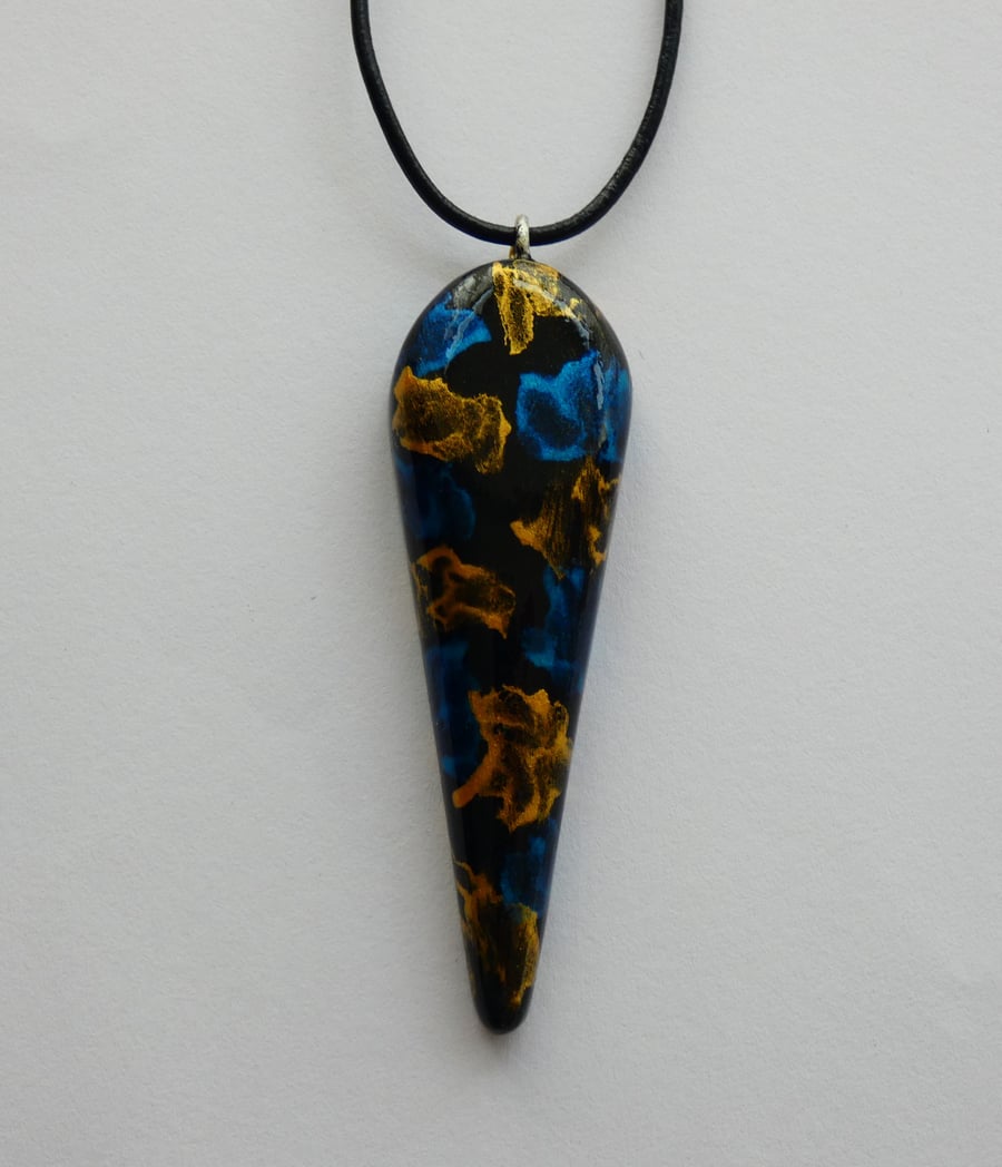 One of a Kind Wooden Blue, Gold and Black Painted Pendant Necklace