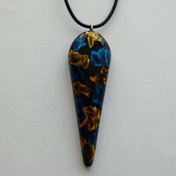 One of a Kind Wooden Blue, Gold and Black Painted Pendant Necklace