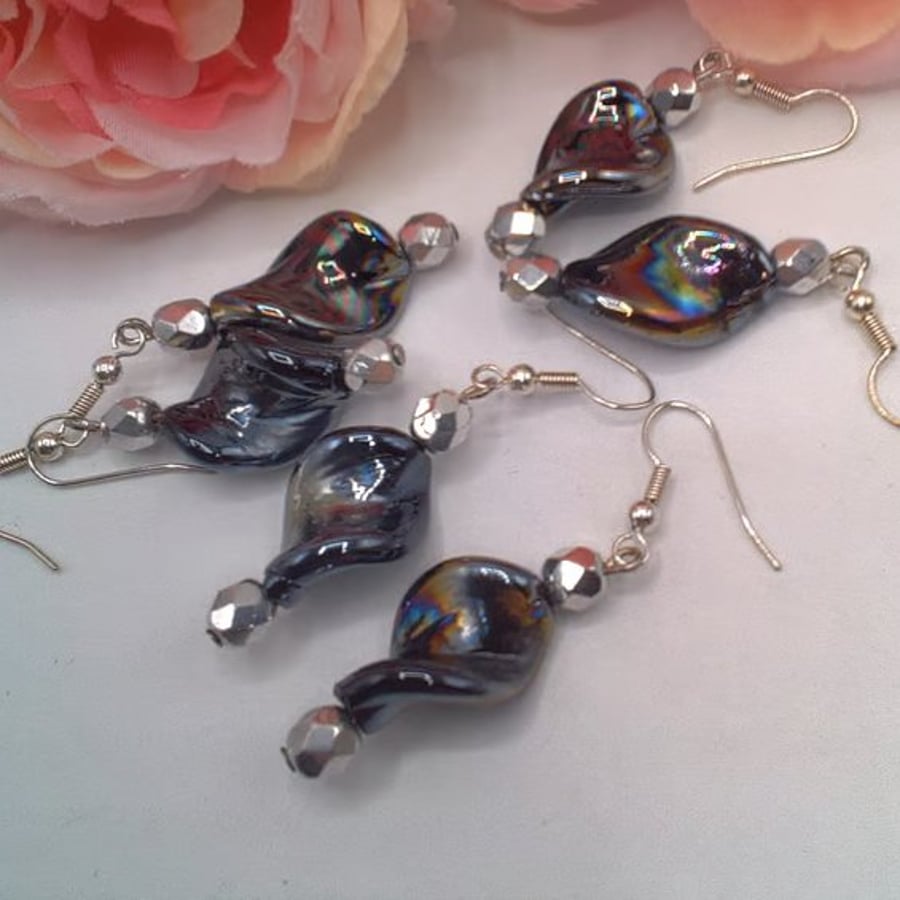 Image of Black Iridescent Twist Bead and Silver Faceted Bead Silver Plated Earrings